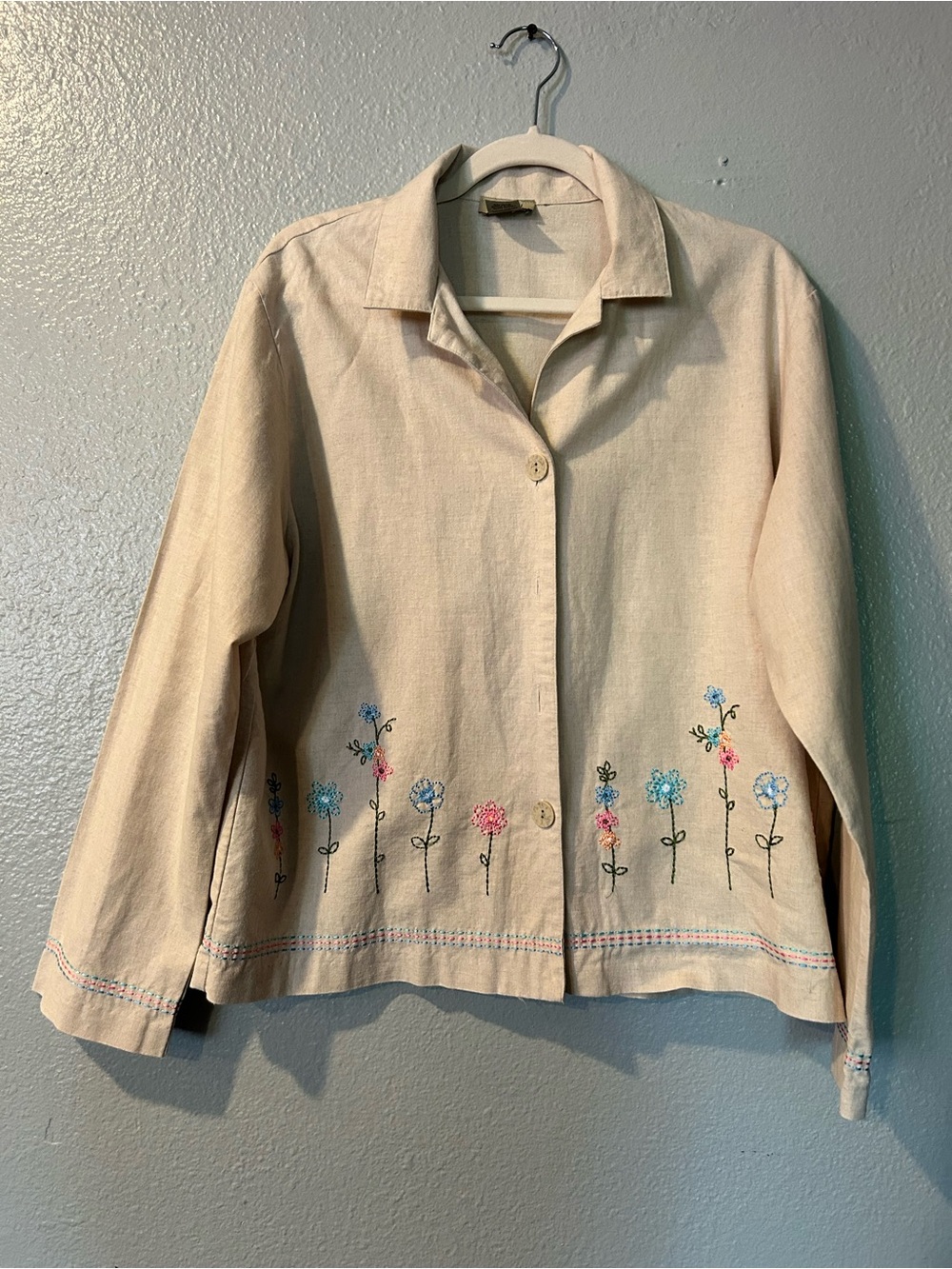 Vintage Teddi Linen Cotton Embroidered Floral Shirt Jacket Cream Large.